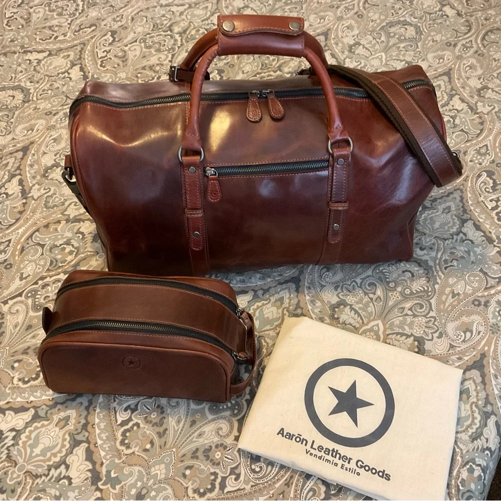 New Aaron Leather Goods Travel Duffle Bag and Toiletry bag